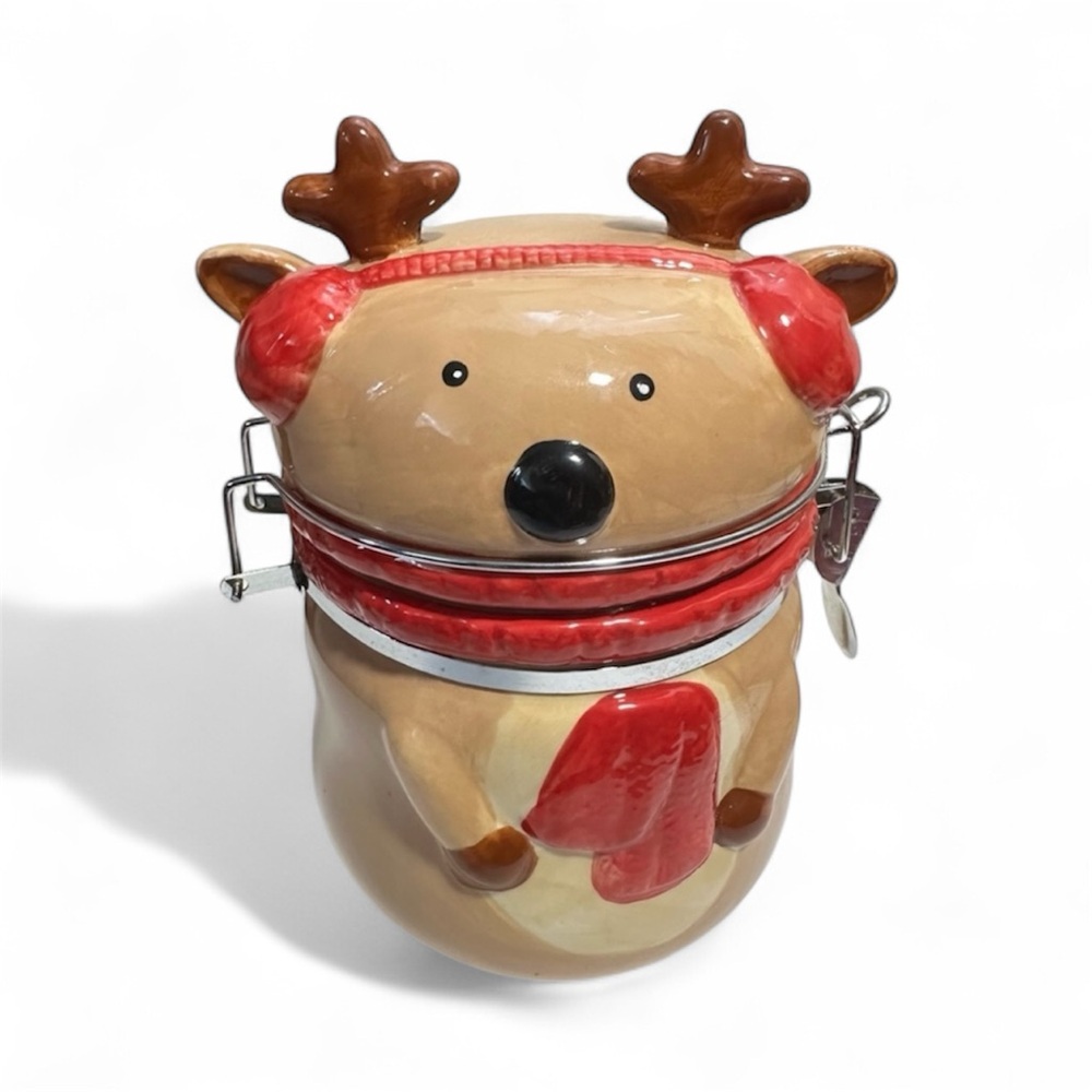 Ceramic Reindeer Cookie / Candy / Dog Treat Jar With Hinged Lid